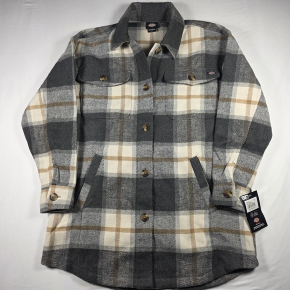 Dickies Women Flannel Shacket Jacket Small Gray Plaid Button Up Warm Workwear - Picture 2 of 14